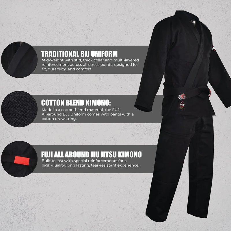 FUJI All-Around Brazilian Style Jiu Jitsu Uniform, Black (White Lettering), Size A2 - Image 5